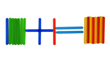 Anaokulu öğrencileri için matematik hesaplamaları için renkli çubukları saymak, cevap beyaz bir arkaplanda sekiz izole edilmiş. Kapat..