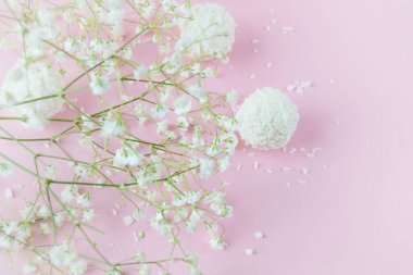 Küçük beyaz çiçekli soyut pastel arka plan ve şeker-anneler günü konsepti, Sevgililer Günü, doğum günü, bahar çiçekleri. yumuşak odak 