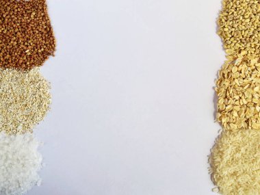 Kuru tahıllar, yazılar için yeri olan temel malzemeler. Vejetaryen sağlıklı yiyecekler.