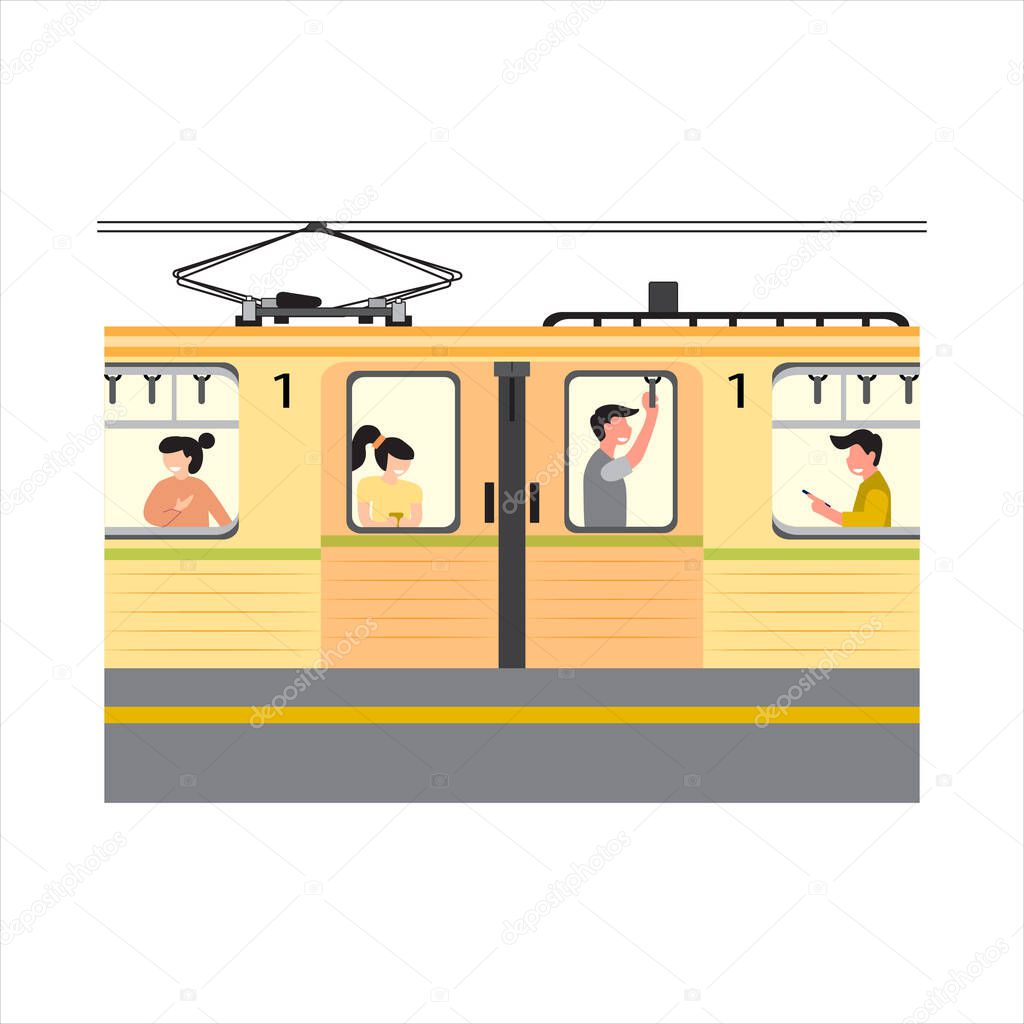 Flat illustration railway full of passengers talking to each other. Modern cartoon vector design concept suitable for background, card, wallpaper, banner, cover, business, poster, template, book illustration.