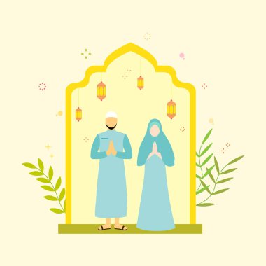 Ramazan Kareem Mübarek 'in düz çizim karakteri konsepti, arka plan, kart, duvar kağıdı, afiş, kapak, poster, şablon, el ilanı için uygundur. Çizgi film Düz Vektör İllüstrasyonu.