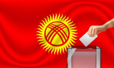 Kırgızistan seçimleri için oy sandığı ve bayrağıyla oy verin. Vektör İllüstrasyonu.
