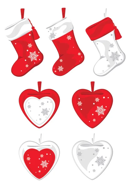 Geleneksel Noel kırmızı ve beyaz kar taneleriyle süslenmiş çoraplar