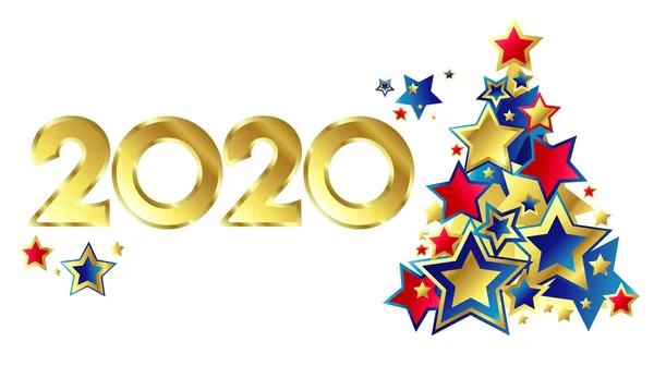 2020 Yeni Yıl Kartpostalında mavi kırmızı altın yıldızlı Noel ağacı