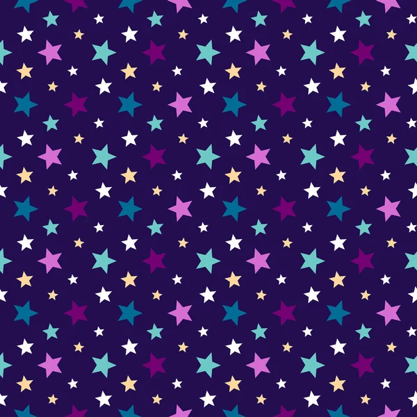 Noite Estrelas Multi-Colorido fundo. Papel festivo de embrulho de presente brilhante. Padrão de vetor colorido sem costura — Vetor de Stock