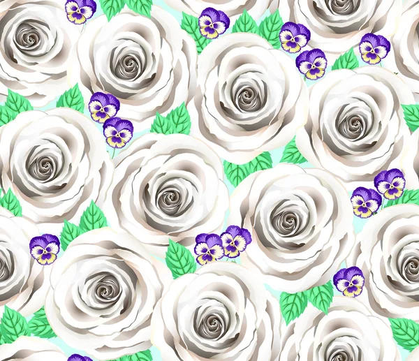Rosa branca e violeta flor vetor padrão. Web-Site Floral Seamless Background. Elegante Tiffany Creme Rosas e Pansies . — Vetor de Stock
