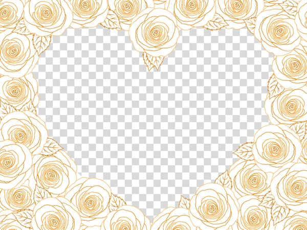 Χρυσό Rose Heart Photo Frame. Floral Top View επίπεδη Lay Border εικόνας. Κομψό χρυσό λαμπερό περίγραμμα γραμμές τριαντάφυλλα με φύλλα, διαφανές φόντο. — Διανυσματικό Αρχείο