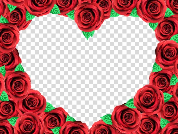 Marco de fotos de corazón de rosa roja. Floral Top View Flat Lay Picture Frame. Elegantes rosas vintage con hojas, fondo transparente . — Vector de stock