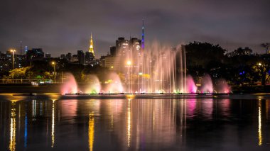 Gece vakti Ibirapuera Parkı 'nı aydınlattı. Modern Gökdelenler, Göldeki Yansıma ve Yüzen Çeşme.