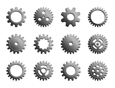 Vector Mechanical Cogwheel Collection. Set Of Silver Gear Wheels And Cogs, Grey Volumetric Icons, Different Configuration, Round Details.