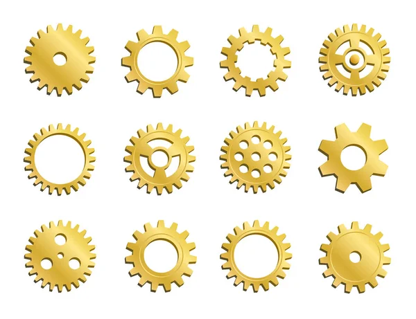 Vector Clockwork Cogwheel Collection. Uppsättning av guld kugghjul och koggar, gyllene volymetriska ikoner, olika konfiguration, runda mekaniker Detaljer. — Stock vektor