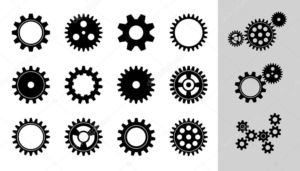 Vector Machine Cogwheel Collection. Set Of Gear Wheels And Cogs, Flat Icons In Black And White, Different Configuration. 