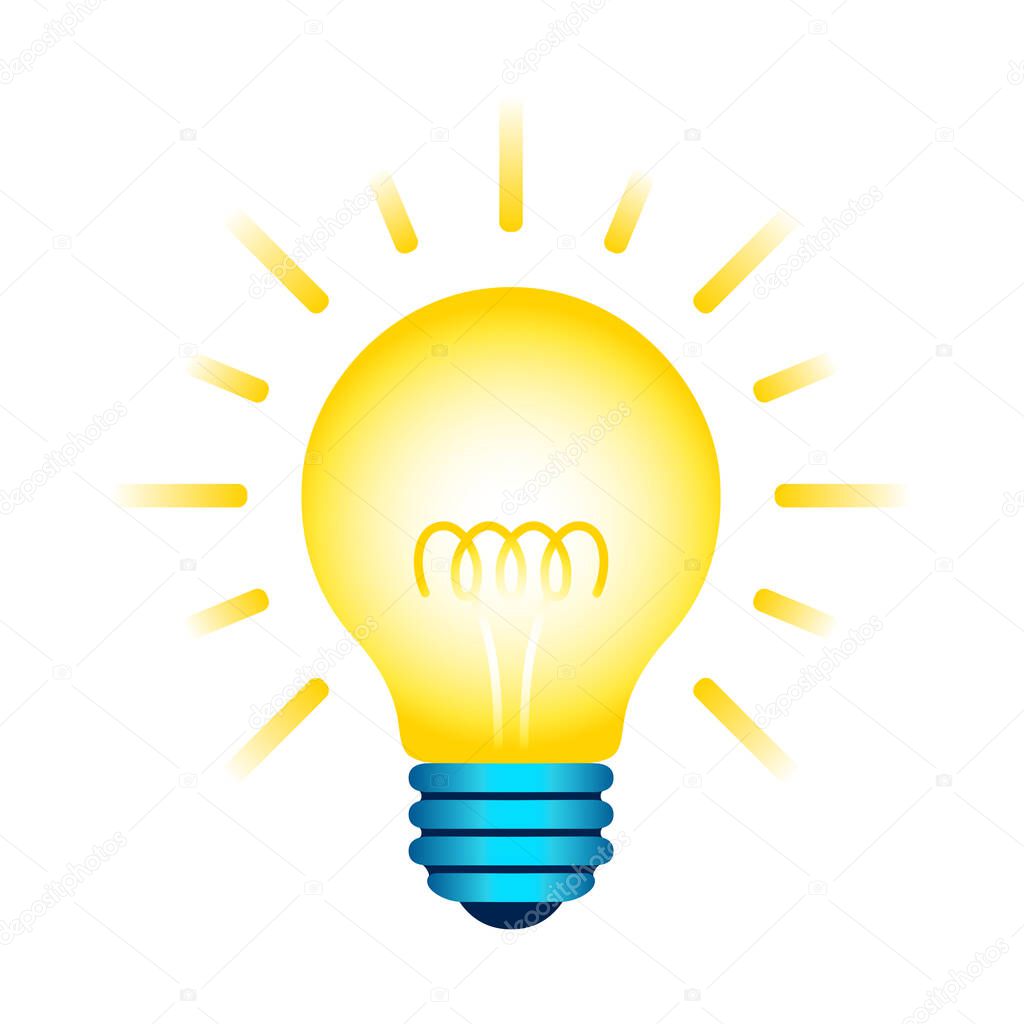 Yellow Light Bulb Icon. Lighting Incandescent Electric Lamp With Spiral And Rays. Vector Graphic Design Element Isolated On White Background. Creative Idea Sign, Solution, Thinking, Innovation Concept