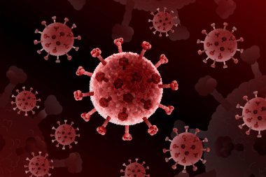 Coronavirus Hastalığı COVID 19, Tehlikeli Çin Solunum Enfeksiyonu. Grip salgını. Patojen Grip Virüsü, Kızıl Kanser Hücreleri. Tıbbi Sağlık Riski Konsepti, 3D Görselleştirme, Vektör İllüstrasyonu.