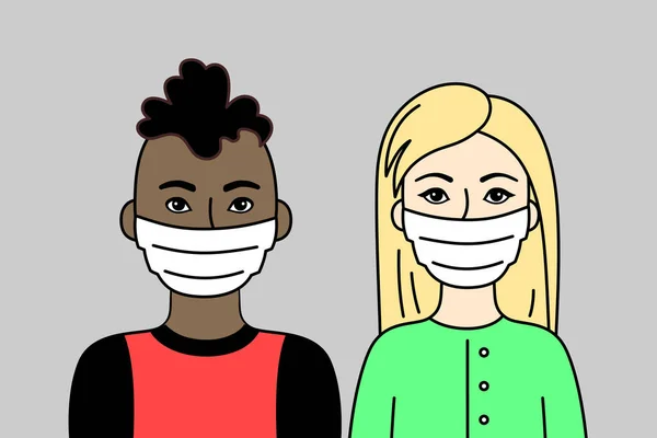 Een Paar Mensen Dragen Gezichtsmaskers Twee Jonge Volwassenen Afrikaanse Braziliaanse — Stockvector