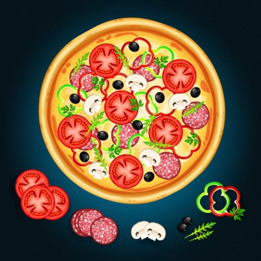 Domates, peynir, zeytin, salam, dolmalık biber, mantar, maydanoz, roka, gerçekçi malzemeler. İtalyan pizzacısı için pankart ya da paket yemek, atıştırmalık. Üst görünüm, izole edilmiş, düzenlenmesi kolay.