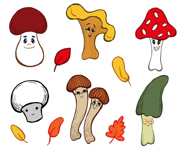 Cogumelos desenhos animados personagens vetor — Vetor de Stock