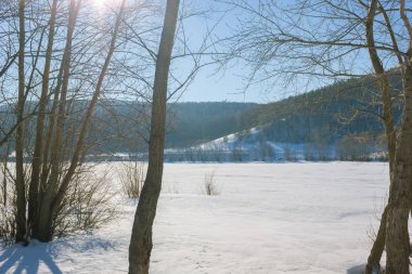 Tepeleri ve ağaçları olan karlı bir yer.