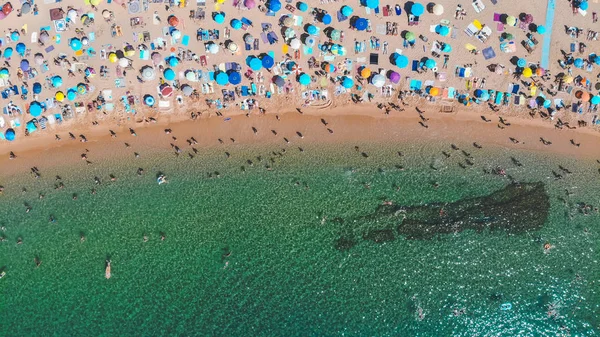 Fantastisk Antenn Utsikt Över Sandstrand Med Parasoller Bali Indonesien — Gratis stockfoto