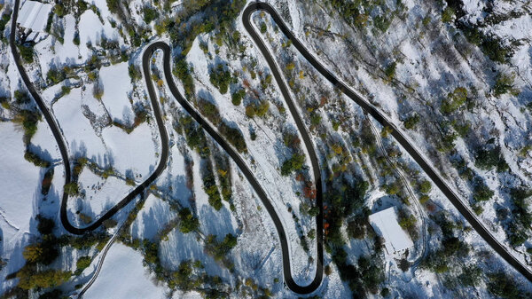 Road and snowy trees aerial view, Catalonia, Spain — Stock Image Road Snowy Trees Aerial View Catalonia Spain — Stock Photo, Image