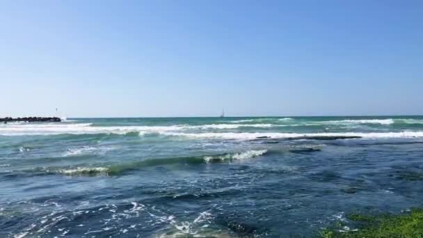 아침에 바다를 건너는 맹세하나니 사암으로 파도를 몰았다 이스라엘 중해의 아름다운 — 비디오