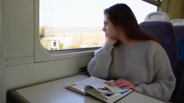 Een Mooie Jonge Dame Reist Met Trein Leest Een Boek — Stockvideo