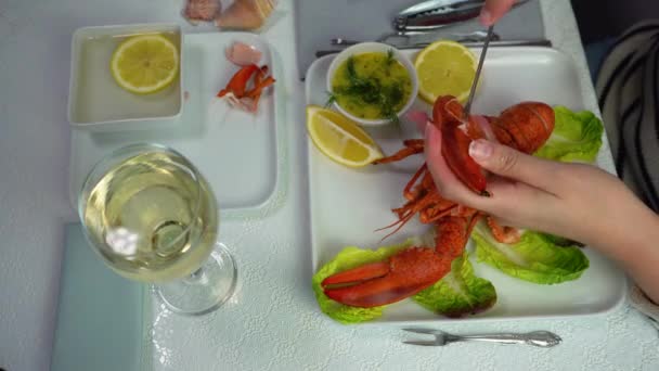Une femme avec une fourchette enlève la viande des griffes de homard, vue de dessus, 4K — Video