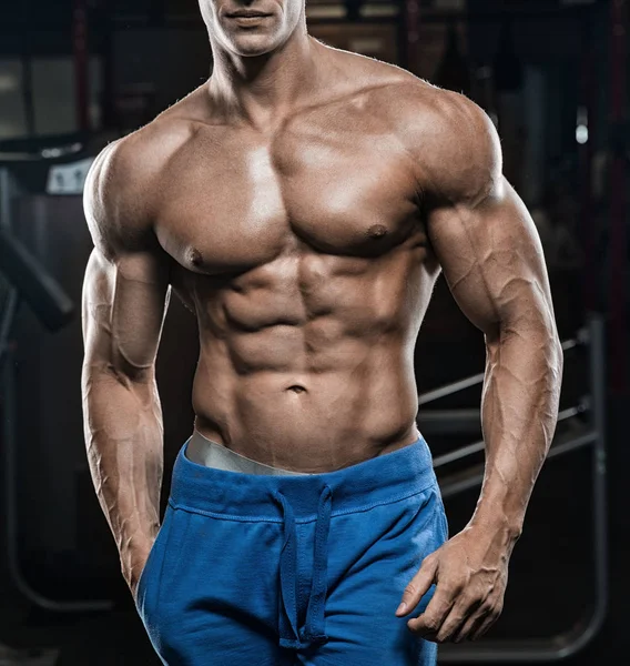 Yakışıklı ve kaslı bir adam, spor salonunda kameraya poz veriyor.