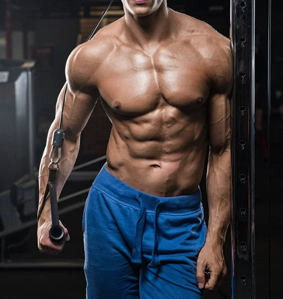 Hombre guapo con grandes músculos, posando en la cámara en el gimnasio —  Fotos de Stock