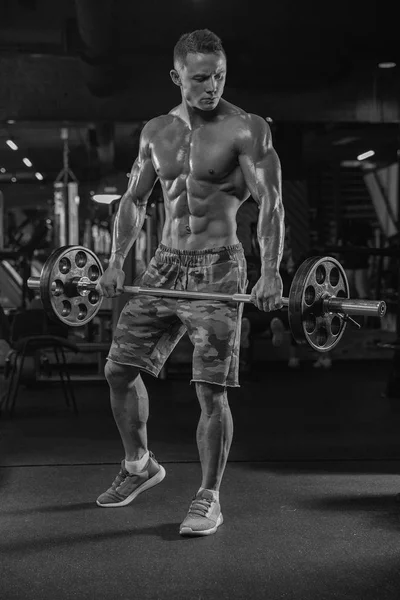 Homem musculoso trabalhando no ginásio fazendo exercícios com halteres — Fotografia de Stock