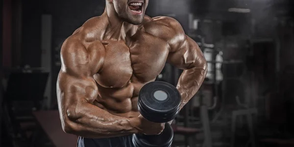 Closeup portrait of professional bodybuilder workout with barbel — Stock Photo, Image