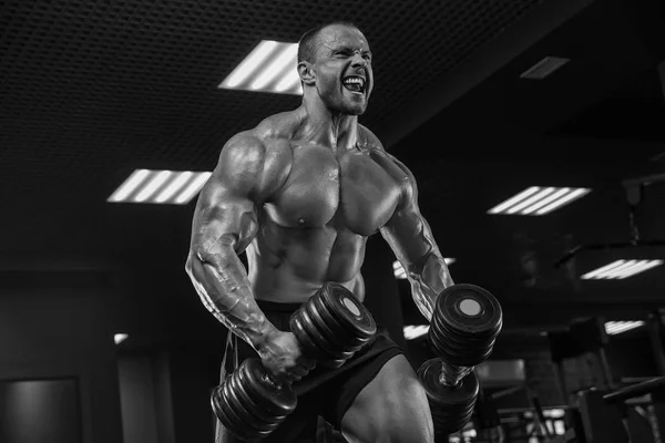 Homem bonito com grandes músculos trens no ginásio, exercícios para t — Fotografia de Stock