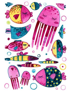Çocuklar için deniz hayvanlarının izole edilmiş suluboya elementleri. Karakterler parlak renklerle boyanır..