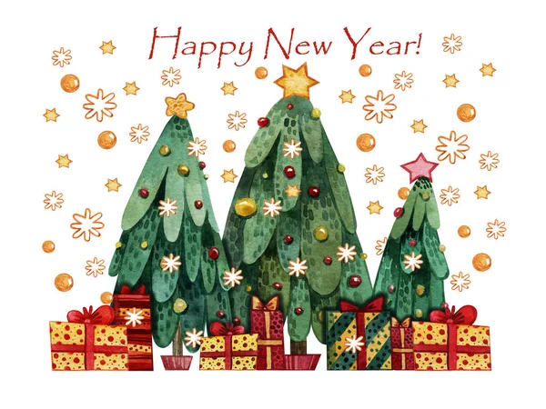 İçinde oyuncaklarla süslenmiş üç Noel ağacı olan suluboya Noel kartı. Beyaz arka planda oyuncakları ve yeni yıl süslemeleri olan el çizimi resimler.. 