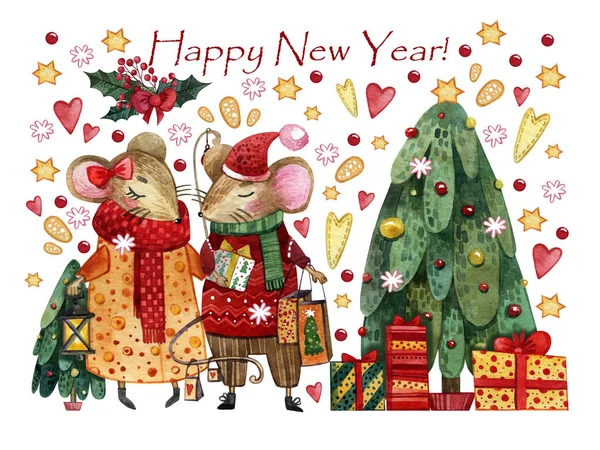 Bir çift aşık fareyle suluboya Noel kartı. Noel ağacının arka planında el yapımı hediyeler, hediyeler, oyuncaklar, kalpler, yıldızlar, yeni yıl hediyeleri.. 