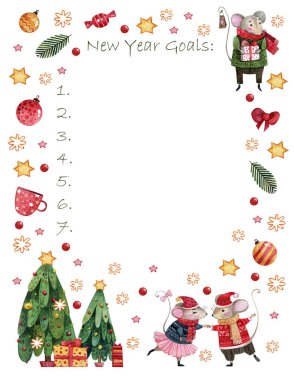 Fare yılı için suluboya Noel golleri. Noel ağaçlarının, oyuncakların, tatlıların, yıldızların el çizimleri, hedefleri olan kişisel tasarım için yaylar. 