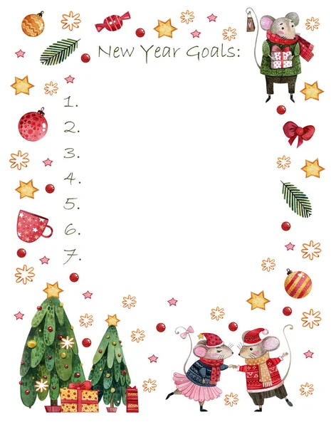 Fare yılı için suluboya Noel golleri. Noel ağaçlarının, oyuncakların, tatlıların, yıldızların el çizimleri, hedefleri olan kişisel tasarım için yaylar. 