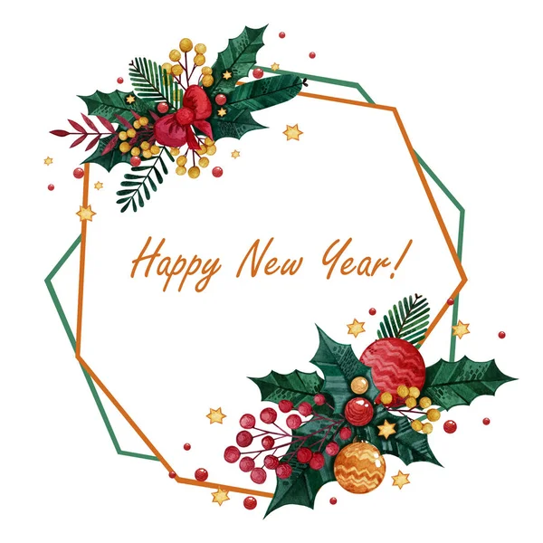 Kış bitkileriyle suluboya Noel çerçevesi ve yeni yıl oyuncakları. El çizimi Noel dalları, Noel ağacı dalları, altın böğürtlenler ve yaylar.. 