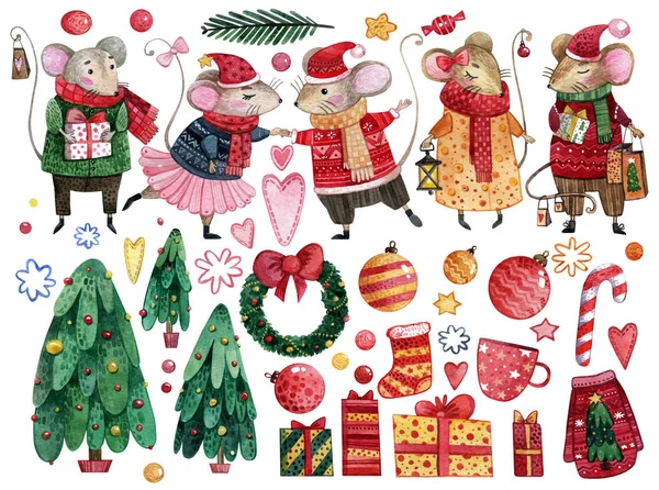 Bir dizi suluboya el, kart, ambalaj kağıdı ve koleksiyon defteri yapmak için noel elemanları çizdi. Yılbaşı fareleri, Noel ağaçları, yıldızlar, kalpler, şekerler ve kar taneleri kendi tasarımınız için.. 