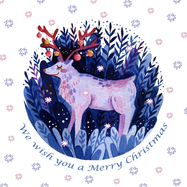 Tatil geyiğiyle suluboya Noel kartı.