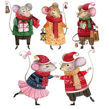 Kış kıyafetleri giymiş suluboya Noel fareleri. Ellerinde eşarpları ve hediyeleri olan Noel süveterleriyle şirin bir Noel faresi. Kişisel tasarım için resim. 