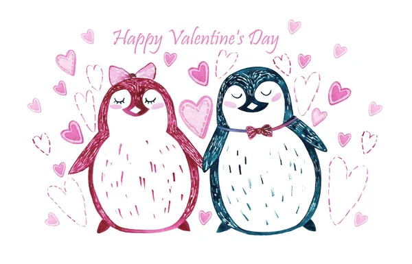 Pembe penguen kız ve turkuaz penguen çocukla suluboya sevgililer günü kartı. Sevgililer Günü için kartpostallar