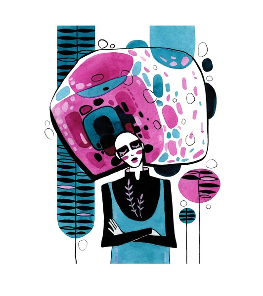 Modern soyut tarzdaki kadın portresi turkuaz ve pembe renkli siyah mürekkep.. 