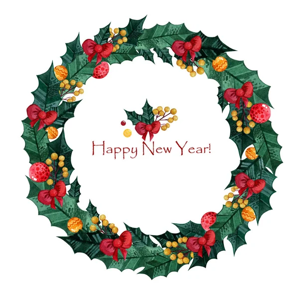 Kış bitkileriyle suluboya Noel çelengi ve yeni yıl oyuncakları. Noel çelengi kutsal dallar, Noel ağacı dalları, altın böğürtlenler ve yaylar.