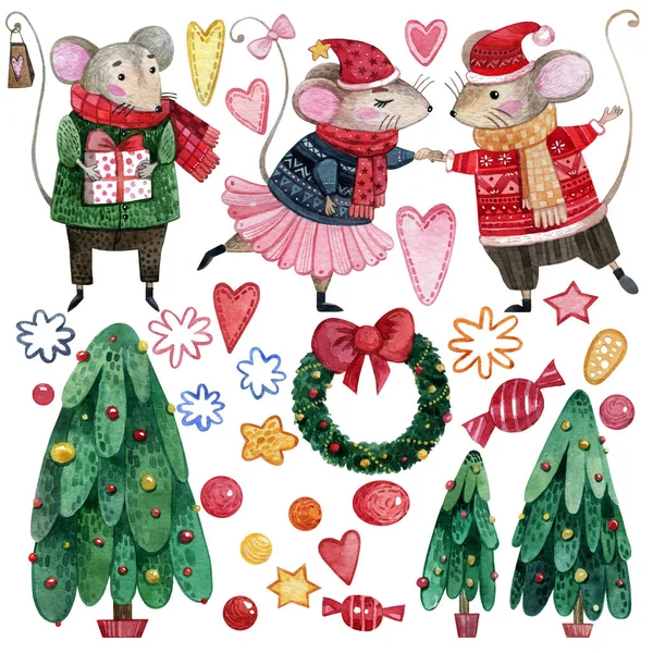 Bir dizi suluboya el, kart, ambalaj kağıdı ve koleksiyon defteri yapmak için noel elemanları çizdi. Yılbaşı fareleri, Noel ağaçları, yıldızlar, kalpler, şekerler ve kar taneleri kendi tasarımınız için..