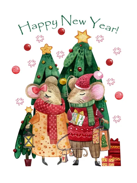 Bir çift aşık fareyle suluboya Noel kartı. Noel ağaçlarının arka planında ellerinde hediyeler olan el yapımı fareler..