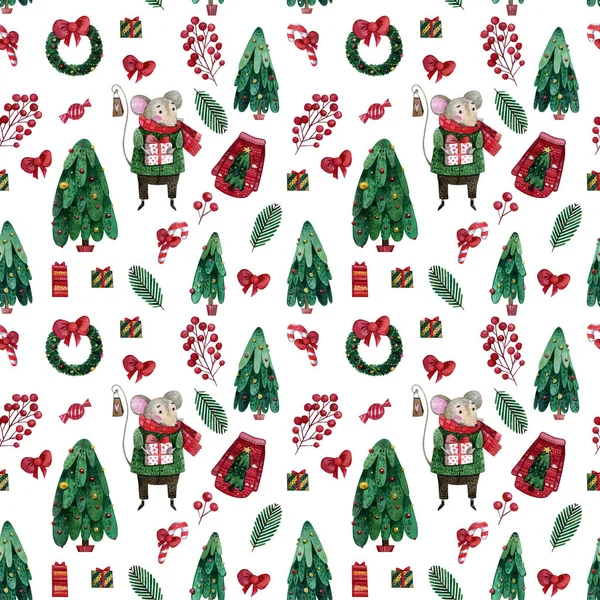 Arkaplanda yeşil süveter giyen fareler, hediyeler, tatlılar, Noel ağacı dalları ve çelenkler olan suluboya desenleri. Tebrik kartları ve ambalaj kağıtları için kusursuz Noel deseni. 