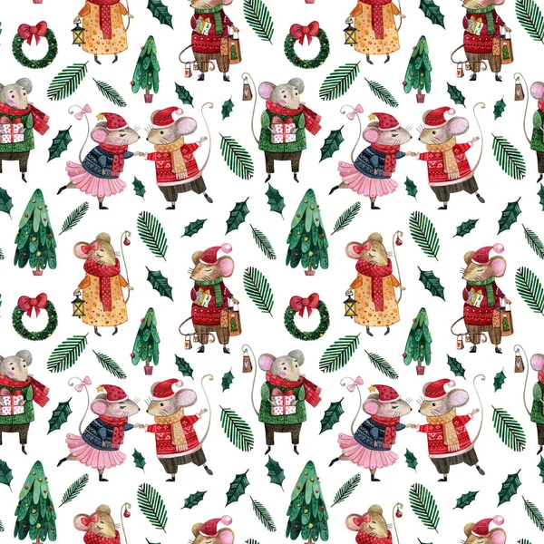 Watercolor seamless pattern with cute mice in sweaters and New Year hats on the background of gifts, Christmas tree branches and holly branches. Christmas seamless pattern for cards, wrapping paper