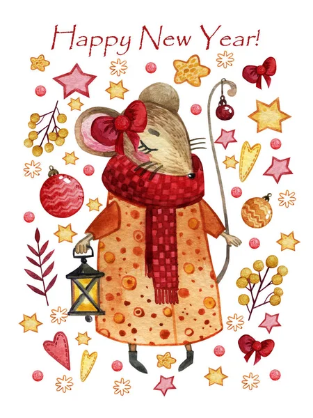 Sarı ceketli bir fare kızın olduğu suluboya Noel kartı ve kulağında kırmızı bir fiyonk. Noel oyuncaklarının, Noel ağaçlarının, çelenklerin, hediyelerin, tatlıların arka planında elle çizilmiş fare.. 