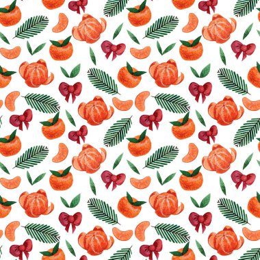 Beyaz arka planda mandalina ve kırmızı fiyonklu kusursuz desen. El yapımı suluboya mandalinalar, Noel ağacı dalları, ambalaj kağıdı ve tebrik kartları için yaylar..